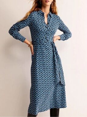 NEW Boden Laura Jersey Midi Shirt Dress in Blue, Size 2P